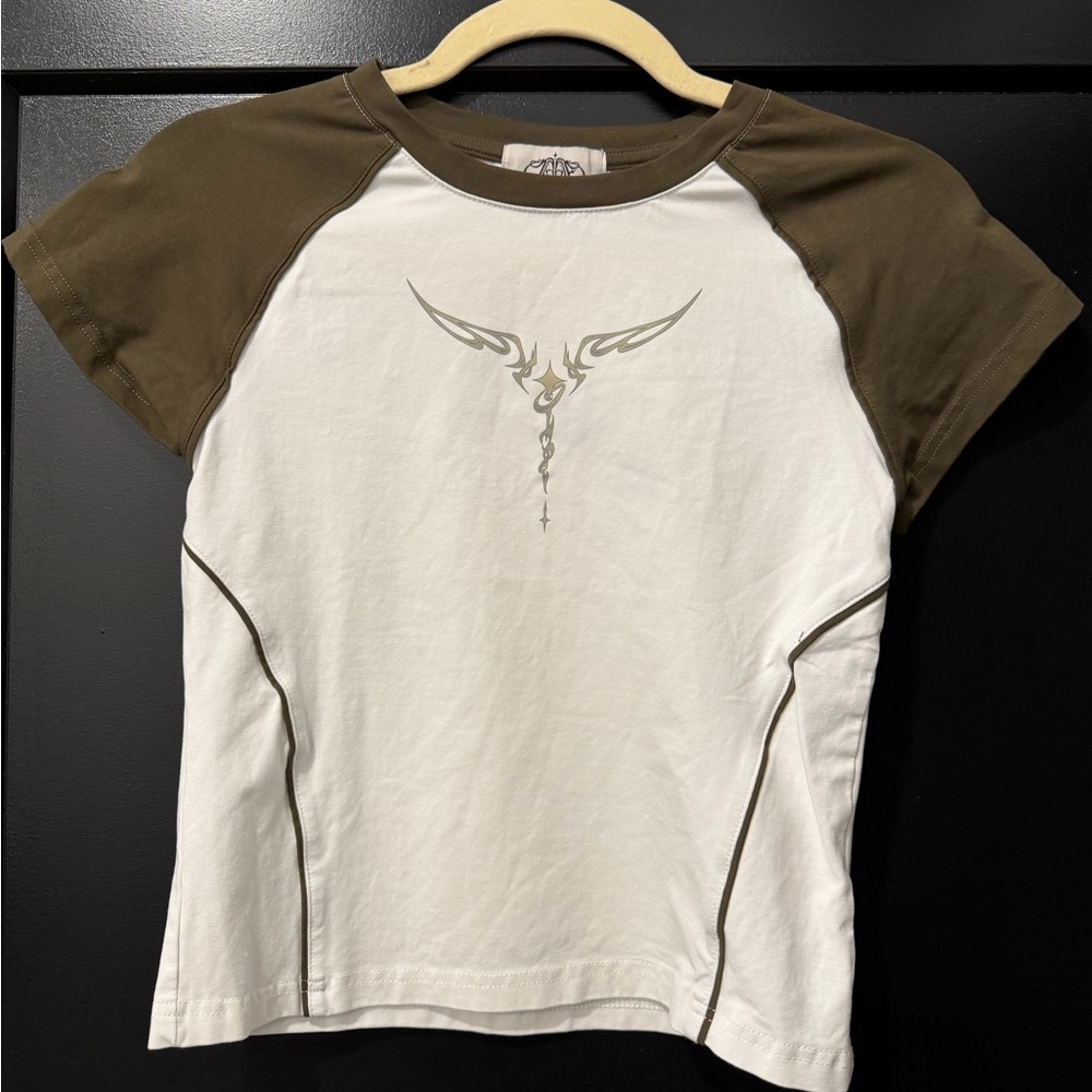 White & Olive Short Sleeve Graphic Raglan Tee